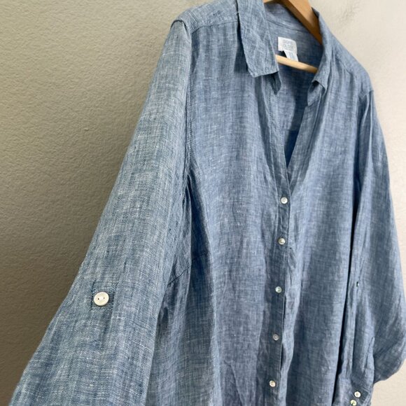 Sigrid Olsen Womens Plus 2X Blue 100% Linen Button Up Shirt Roll Tab Sleeve Top - Picture 7 of 10